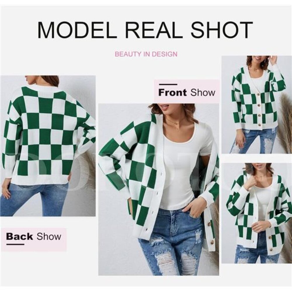 NEW Womens Plaid V Neck Button Down Long Sleeve Cable Knit Oversized Cardigan - Picture 4 of 6